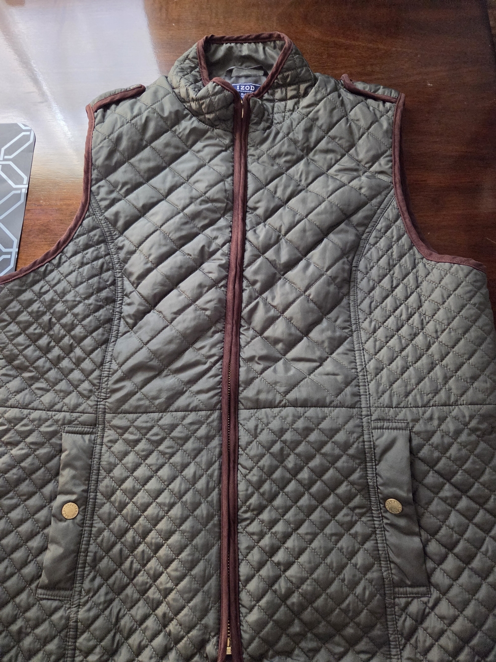 Izod Quilted Olive Green Vest with Brown Trim